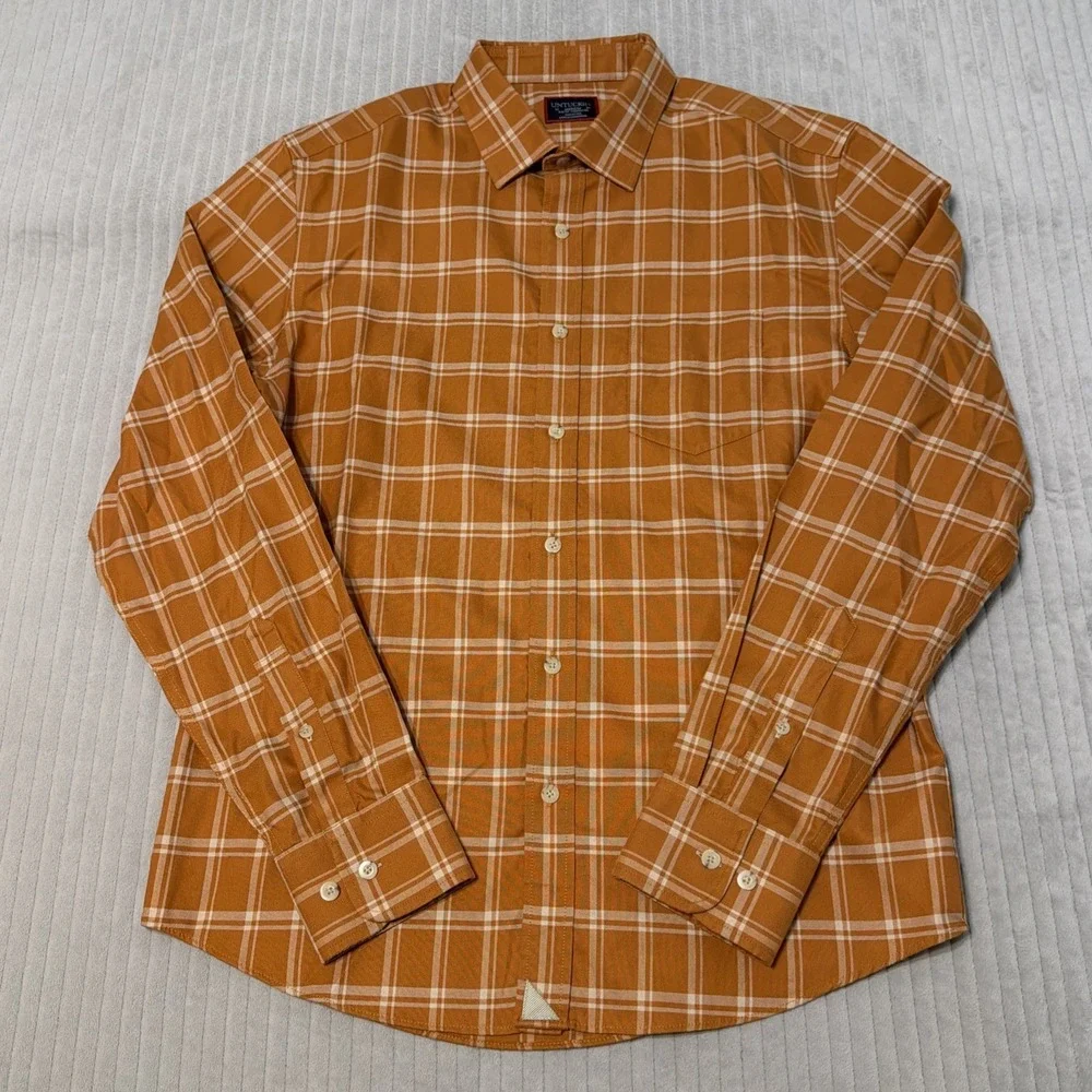 UNTUCKit Mens Large Slim Fit Wrinkle Free Plaid Button Down Shirt Blue Orange